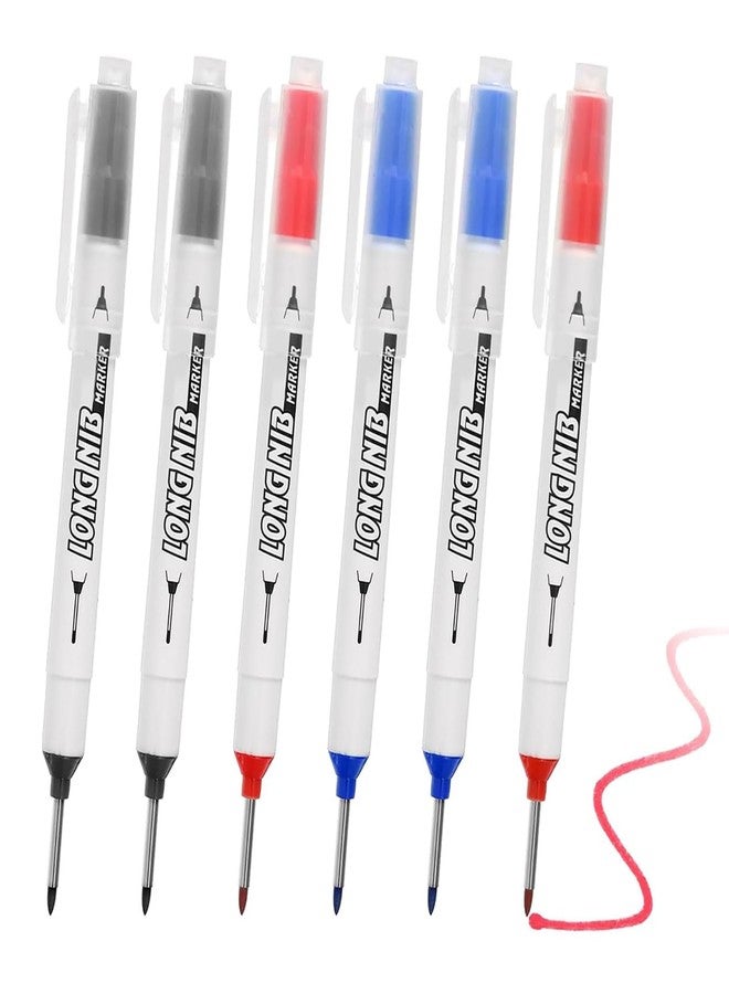 Buildcon 6 Pcs Deep Hole Marker Pen Permanent, Long Nib Marker for Wood, Metal, Glass, Plastic, Construction, Carpenter Tools, Tracer Marker Pen, Marksman Marking Tool (Blue, Black, Red) - Image 1